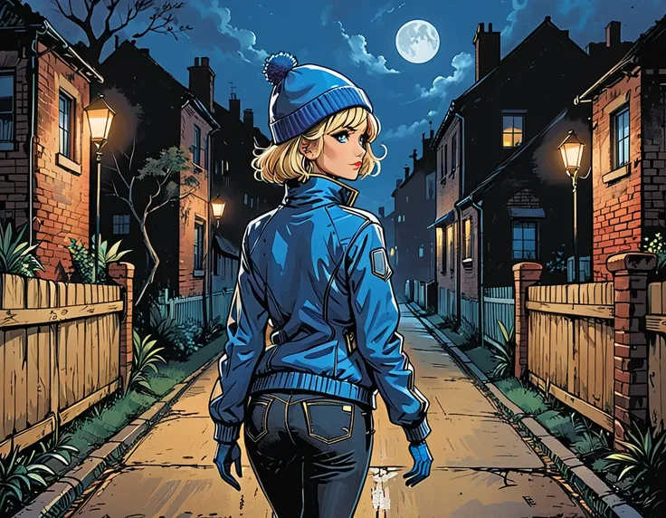 (((night))), dark, looks away, ((high brick fence)), ((tropics)),(palm), fullbody from the back, ((back view girl in Blue zipped up down winter jacket and black turtleneck )) and (((jeans))) and blue gloves and (((blue winter hat)))) ((walking)) on the roa...