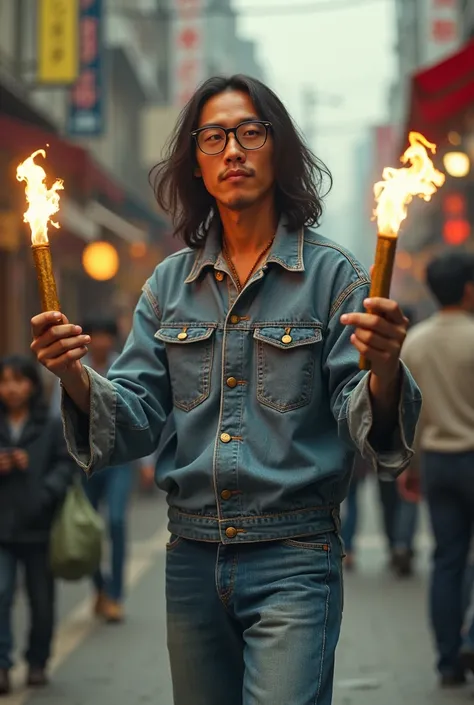 A long-haired Japanese man wearing very old-fashioned glasses is juggling a stick of dynamite with a fuse.、Denim jumper and jeans、Performance at a pedestrianized shopping arcade in Japan in the 1960s、So much dynamite flying through the air、