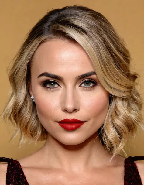 A waist-up portrait of a beautiful female whose facial features are a combination of Leah Pipes + Fergie. The female has lovely makeup on her face. The female wears red lipstick. Symmetrical eyes. Symmetrical face. Lovely details. Photorealistic. Full-colo...