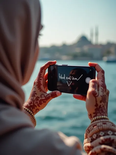 a hijabi girl taking his hands photo while she have i phone on his hand in istanbul famuse plases. Show only her hand, writ this same massege on his mobile phone. the massege "HBD Zoloem 🥳"  with black bakround on her mobile screan show this same msg   Rea...