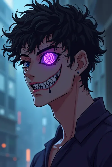 20 years old black hair, with the spiral shaped eye, purple eye color, mid curly hair, he&#39;s kind of muscular, the teeth are shark style