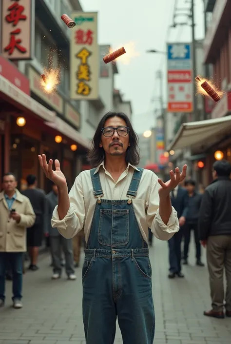 A long-haired Japanese man wearing very old-fashioned glasses is juggling a cylindrical dynamite grenade with a fuse.、A very dangerous trick、Denim jumper and jeans、Performance at a pedestrianized shopping arcade in Japan in the 1960s、So much dynamite flyin...