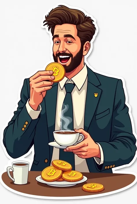 Vector image sticker art of eating bitcoin cookies with coffee in hand by a man with a suit and tie 