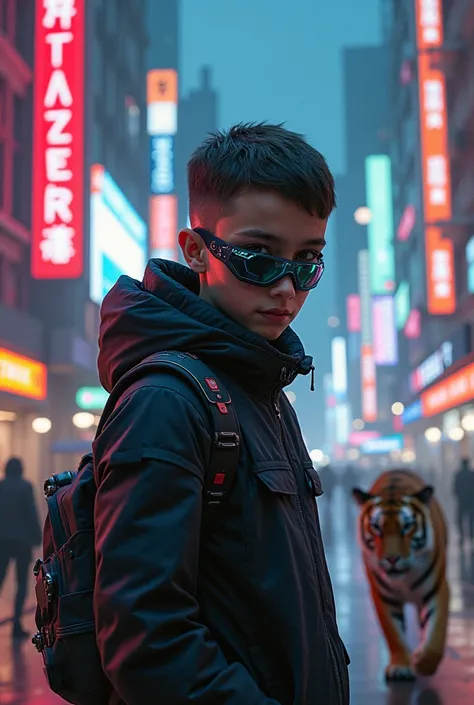 A boy in cyber mask in city with tiger