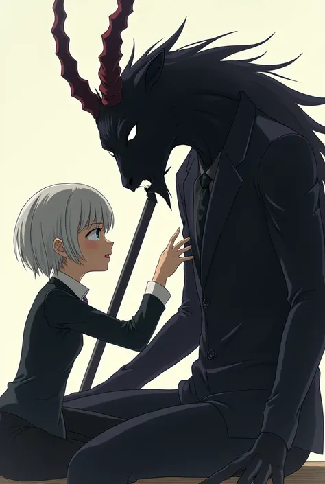 Anime Style Characters:
On the right is a large, dark figure resembling an anthropomorphic goat with demonic features.. It has a completely black body, delgado, and no visible facial details, except for his bright white eyes that stand out on his gloomy fa...