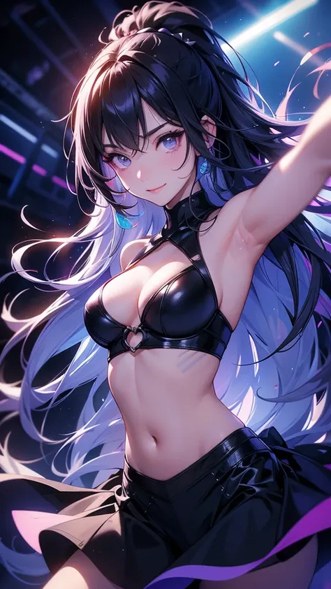 She is focused and smiling dancing at an electronic music rave club; sweating; shining eyes; loose hair; beautiful angelic face; darkness room, poorly lit, ultra detaild, uhd; (4K) tenebrosa, colorful lights, smoke, fully body, is not looking at the viewer