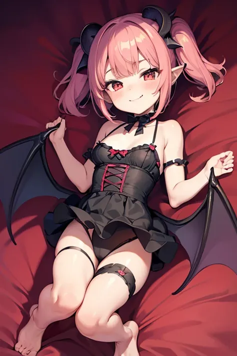 (masterpiece,best quality,ultra-detailed), an anime playful and sweet succubus. She has candy pink m-shaped bangs short hair with twin ponytails, ruby round eyes, fruit bat ears and wings, wearing a red and black gothic leotard with ruffle skirt succubus a...