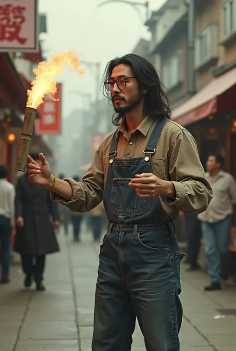 A long-haired Japanese man wearing very old-fashioned glasses is juggling a stick of dynamite with a cylindrical fuse attached.、A very dangerous trick、Denim jumper and jeans、Performance at a pedestrianized shopping arcade in Japan in the 1960s、So much dyna...