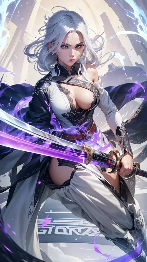 A woman with white hair and a beautiful face, is in a position ready to draw her katana from its sheath with a sharp gaze and surrounded by a dark aura radiating from her body. 