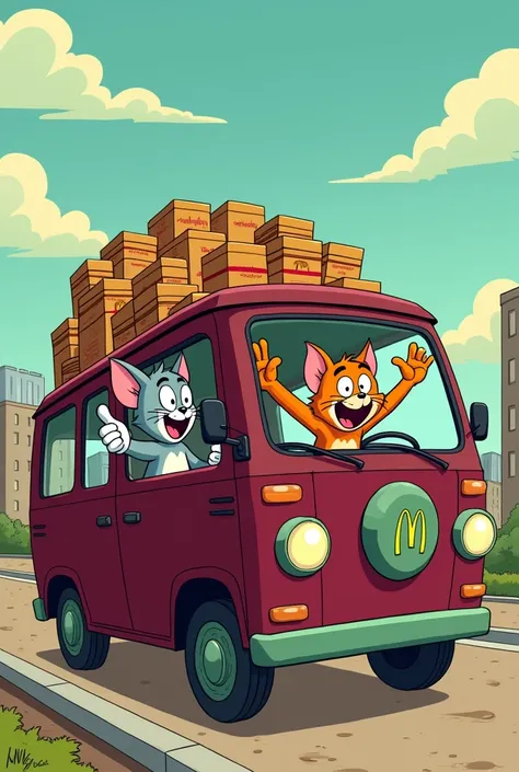 A dark burgundy minibus with a green round Flaschenpost emblem on the side of the Citroën is carrying many boxes of McDonalds Burgers, Tom and Jerry are sitting behind the wheel and are sticking their hand out the side window and showing a thumbs up like. ...