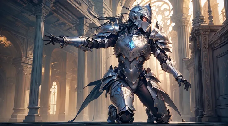 (((best quality, High resolution, Textured skin, high quality, Precise CG unification, game CG))), (Solo), Are standing, graceful fullbody armor, helm that covers all of the face, holy knight, dynamic angle, (action pose:1.2), the face is hidden, sacred,