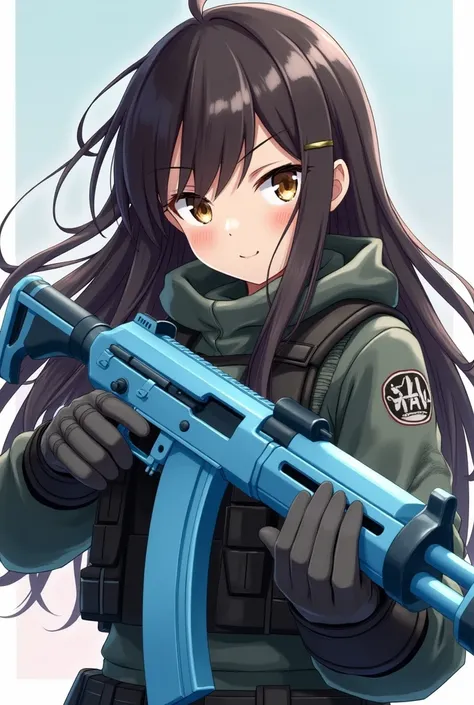 I want a girl with brown eyes, black eyebrows, brown hair, I want her to be dressed as a war-type gamer and have a light blue MP40 weapon and the drawing to be anime.