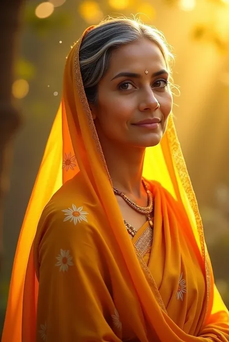 A  beautiful middle age woman in a saffron saree pallu on head 