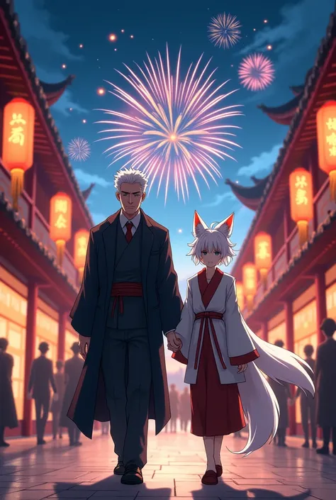 Chinese ancient anime male character poster, a cold-faced man, stern figure, and a cheerful looking platinum haired man, fox ears and nine fox tails are walking together on the bustling street with lanterns and fireworks