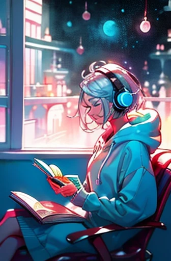 Draw a scene of someone relaxing in a spacious bedroom. The character is a short, bob-haired woman with silver hair wearing a pastel-colored hoodie, wearing headphones and reading a book. The background has three large windows with a full moon and a starry...