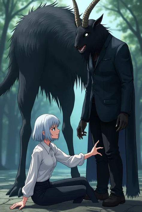 Anime Style Characters:
On the right is a large, dark figure resembling an anthropomorphic goat with demonic features.. It has a completely black body, delgado, and no visible facial details, except for his bright white eyes that stand out on his gloomy fa...