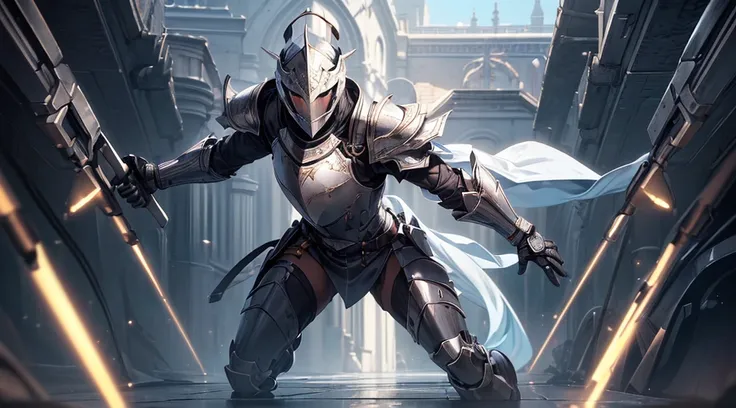 (((best quality, High resolution, Textured skin, high quality, Precise CG unification, game CG))), (Solo), Are standing, graceful fullbody armor, helm that covers all of the face, holy knight, dynamic angle, (action pose:1.2), the face is hidden, sacred,