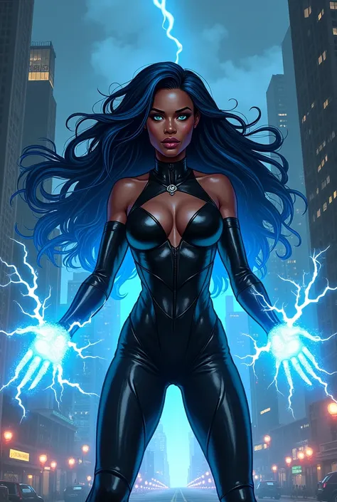 Black woman, with long hair and blue highlights, with sparkling eyes, with blue powers coming out of his hands, saving the city from the villain. in comic book style drawing