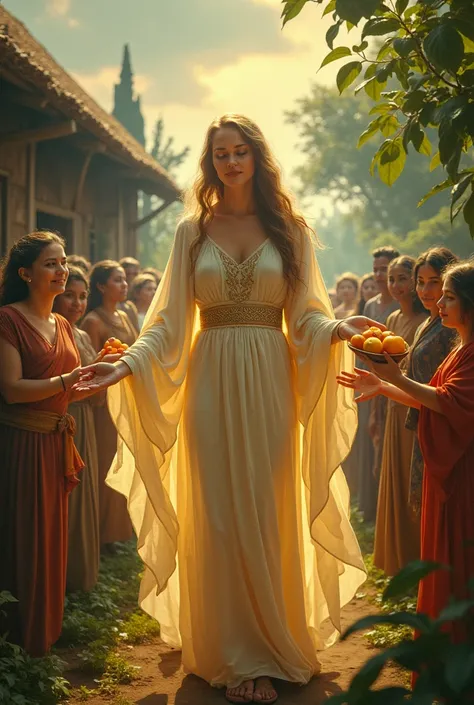 A goddess distributing one kind of fruit to villagers
