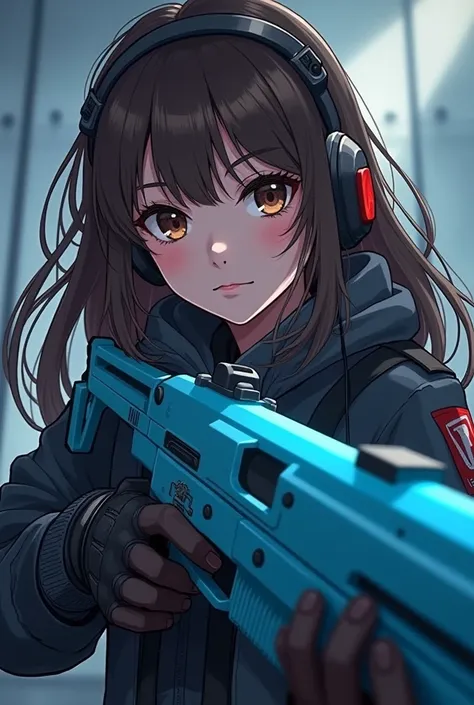 I want a girl with brown eyes, black eyebrows, brown hair. I want her to be dressed as a war-type gamer and have a light blue MP40 weapon and the drawing is anime. I like it, but I want you to change her clothes for another one.