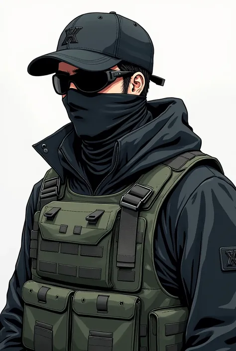 man with a cap, Ski mask, buff, black motocross goggles, black clothes, tactical clothing, camo green vest, drawing style, anime. 