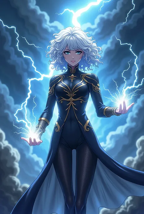 Adult anime white, Curly white hair, and with the power of lightning