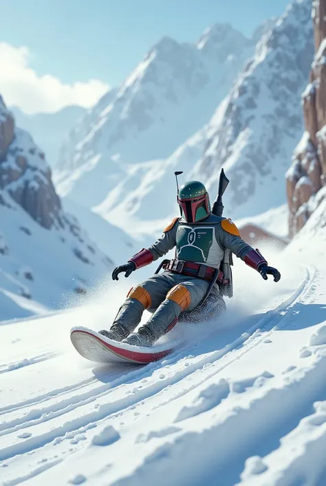 Boba Fett sledding in the snow、Star Wars、movie、Mandaean、