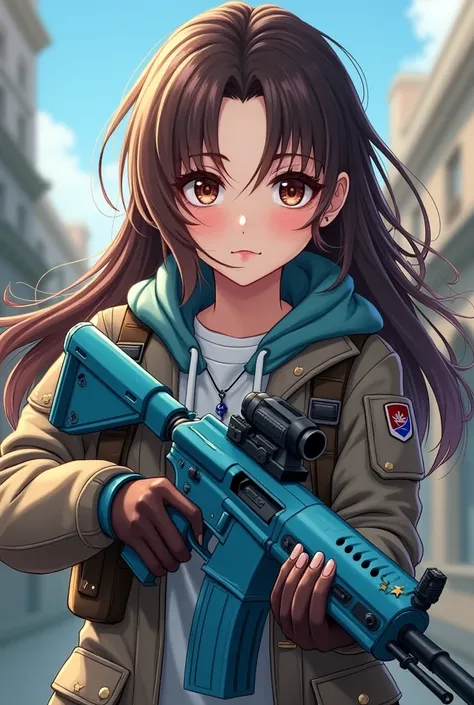 I want a girl with brown eyes, black eyebrows, brown hair, I want her to be dressed as a war-type gamer and have a light blue MP40 weapon and the drawing to be anime, I like it, but I want you to change her clothes for another one and a little further away...