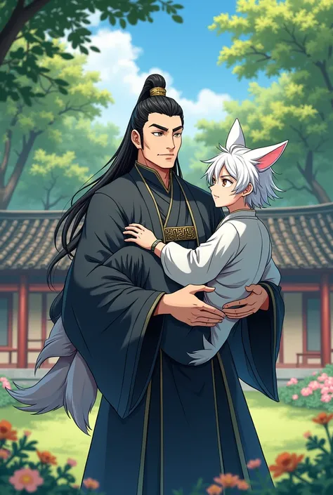 Poster of two male Chinese historical anime characters, a cold-faced man, A stern figure is holding a platinum-haired man., has fox ears and nine fox tails in a yard with many trees and flowers behind is a wooden house