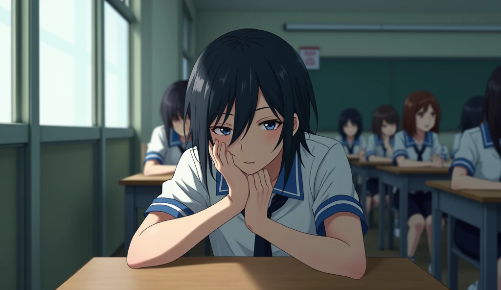 A medium shot anime-style medium shot of a male character with medium hair, similar to the main character of the anime Hyōka. He is dressed in a Japan-style school uniform. He is sitting in a school classroom at a table by the window side. He has his hands...