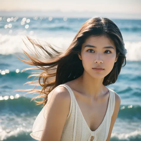 A hyper-realistic image of a single Japanese woman in her early 20s, captured with the nostalgic warmth and subtle graininess of a film camera, with the focus on her upper body from the shoulders up against a serene seaside backdrop. Her skin has a warm be...