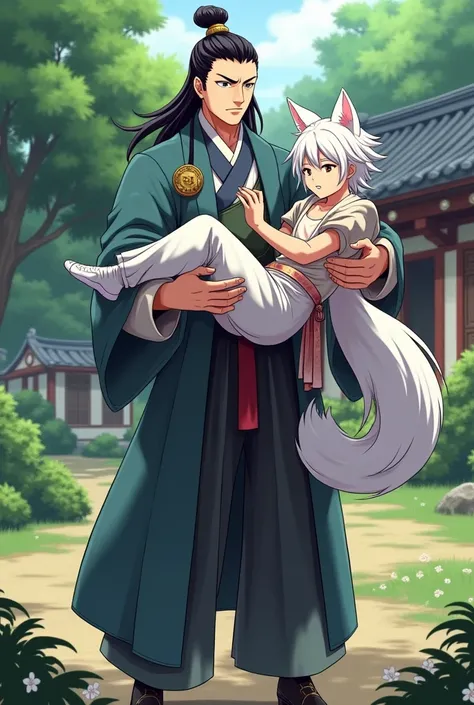 Poster of two male Chinese historical anime characters, a cold-faced man, A stern figure is holding a platinum-haired man., has fox ears and nine fox tails in a yard with many trees and flowers behind is a wooden house