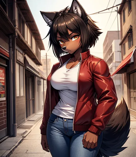 by r-mk, ((wolf)) (woman) ((brown skin)) standing straight, red cotton jacket, white t-shirt, jeans, black hair, [[serious face]...