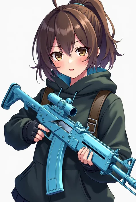 I want a girl with brown eyes, black eyebrows, brown hair, I want her to be dressed as a war-type gamer and have a light blue MP40 weapon and the drawing is anime, I like it, but I want you to change her clothes for another one and for half of her body to ...