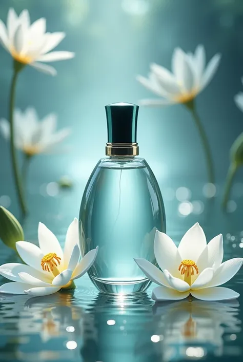 
"Create a standout and glamorous perfume bottle image, place a minimalist egg image in the middle of the jar, around the bottle place a white lily and a lotus in full bloom on a soft background of crystal clear water. Flowers should be surrounded by a lum...