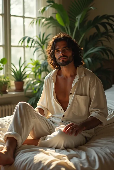 (photorealism:1.2), beautiful man, sitting on bed, wearing loose off-shoulder top, pajama pants, long curly hair, indoors, soft lighting, plants in background, window with sunlight, cozy room, relaxed pose, realistic, intricate details, warm colors, by Gre...