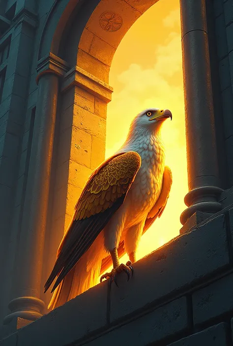 The Eagle Aurora, of golden feathers, in a high window of the tower. Soft light emanates from its feathers, iluminando o ambiente ao redor. She is looking at the horizon with a melancholic look, longing for the freedom that lies beyond the tower walls., I ...