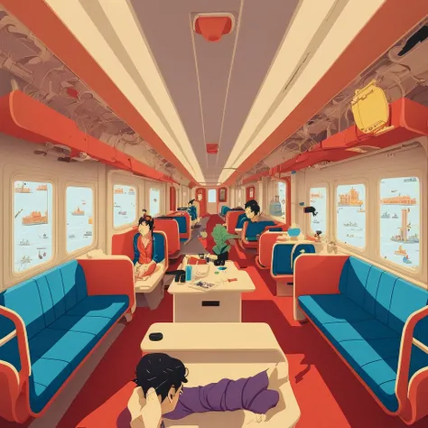 brightly colored train carriage seats and windows, author：okuda motoso, the black ones sam miguel, the black ones, inspired auth...