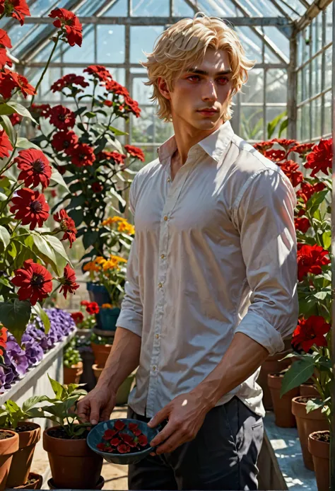 extremely delicate and beautiful, Amazing, finely detail, masterpiece, ultra-detailed, highres,best illustration, best shadow,intricate,sharp focus,  high quality, 1male, solo, blond hair. red eyes, kaveh genshin impact, glass greenhouse, flowers in pots, ...