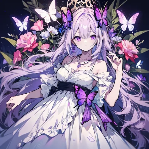 1 girl、Mature、Ample breasts、Long Hair、pale purple hair、Light color、Fleeting、sleepy、Pale-colored flowers、Purple butterfly、Shoulder Bare、necklace、dress、High resolution、Highest quality