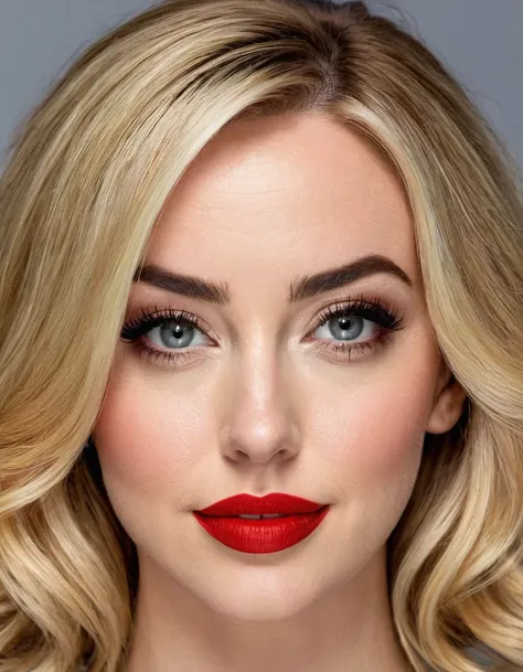 A waist-up portrait of a beautiful female whose facial features are a combination of Gwen Stacy + Brianne Howey. The female has lovely makeup on her face. The female wears red lipstick. Symmetrical eyes. Symmetrical face. Lovely details. Photorealistic. Fu...