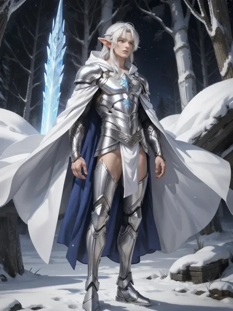 male elf,upper body naked、person wearing a white cloak, long white haired god, silver-skinned male elf, silver ice-colored refle...