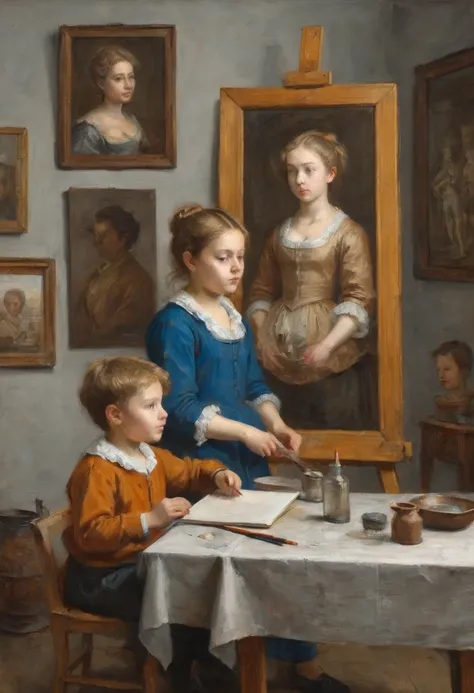 drawing of the subject, a boy in the studio painting a portrait of a girl, next to the girl is her mother, in the background is a table with clay busts, inspired by the painting Firsov Ivan, Dutch painting, inspired by Pieter Jans Saenredam, Dutch painting...