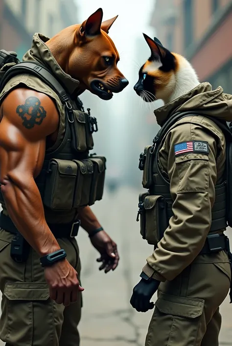 
"Create a picture of Mr. and Mrs. Smith, but with one difference: Mr. Smith looks like a Pitbull dog and Mrs. Smith looks like a Siamese cat. They are preparing for a fight, both looking serious. They are dressed in camouflage clothing with utility belts,...