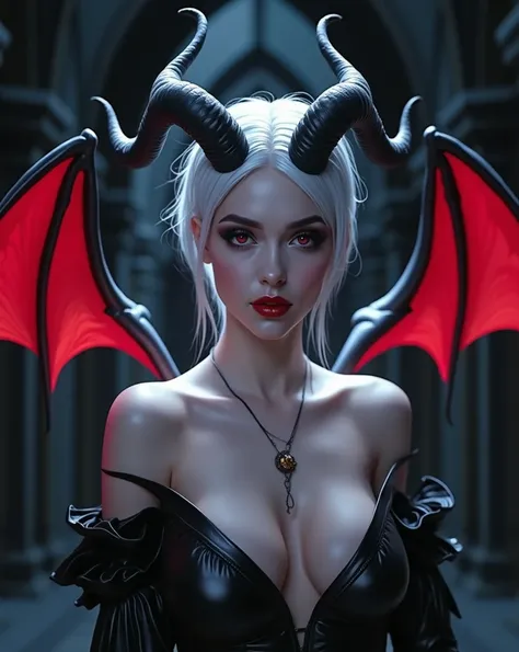 A cinematic shot of a dark fantasy portrait of a seductive succubus named Lady Venus. She has striking white hair that fades to black at the ends and adorns her forehead. Wings with a vibrant red center frame both sides of her head. Her unique eyes. The ba...