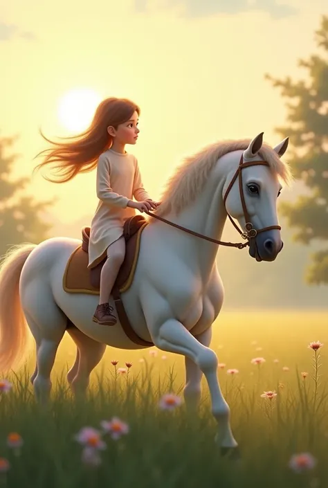 In meadows twilight hue calm and bright
A girl on white horse so pure in sight