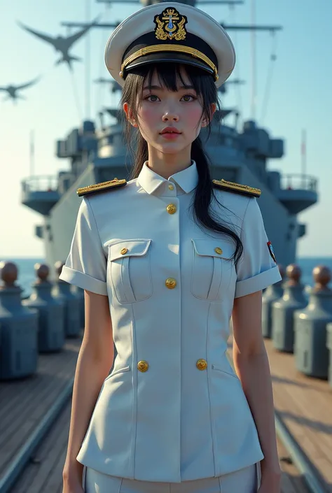 Photo-realistic, ultra-realistic, (very beautiful Japanese, famous Japanese idol but naval commander:1.3), wearing a navy uniform, dynamic angle, on a large battleship, ready to battle, monitoring enemy ships, (tense expression:1.5)