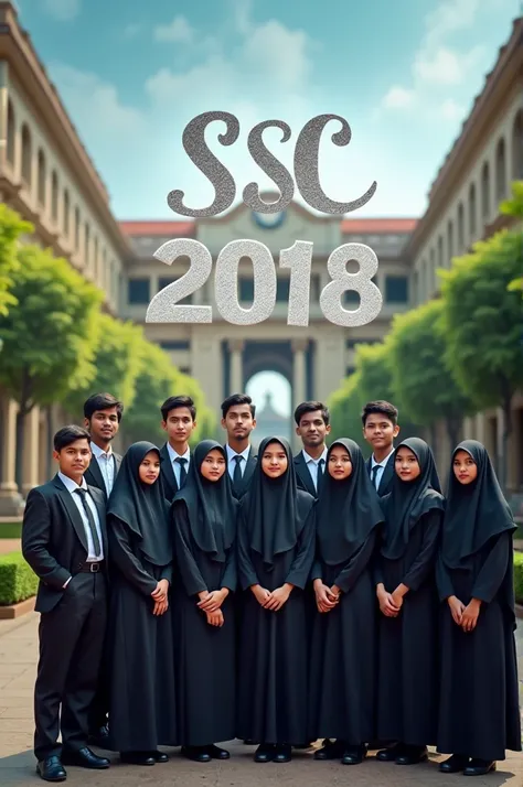 SSC batch Bangladeshi boys and girl group photo.
10 girls and 10 boys. Boys in Bangladeshi school dress. And girls in black burkha. 
And written in the sky" SSC base 2018"
With amazing School background.