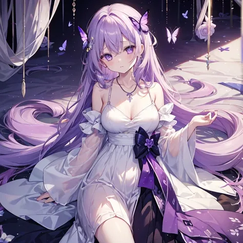 1 girl、Mature、Ample breasts、Long Hair、pale purple hair、pale colour合い、Fleeting、sleepy、pale colourの花、Purple butterfly、Shoulder Bare、necklace、dress、I&#39;ll never wake up、Lace fabric、In a dream、Warm sunlight、prism、pale colour、Vanishing、High resolution、Highest...