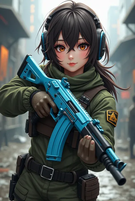 I want a girl with brown eyes, black eyebrows, brown hair. I want her to be dressed as a war-type gamer and have a light blue MP40 weapon and for the drawing to be anime but well drawn with full body detail and more camouflage clothing.